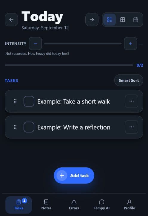 Temperloom local prototype with clearly labeled example tasks, intensity tracking, and navigation to notes, errors, and AI reflection